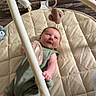 baby, infant, child, play_gym, plush_toy, romper, mat, floor, wooden_floor, indoor, cute, looking_up, smile, soft_toy, baby_clothes, young_child, padded_mat, playtime, child_development, home
