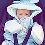 Aïlys a rejoint le concours — aidez-le/la à gagner de superbes lots ! baby, child, car_seat, snowsuit, hood, bunny_ears, mittens, blue_eyes, winter_clothing, infant, straps, red_buckle, cute, outdoor, road, people_in_background, warm_clothing, portrait, close_up, seat