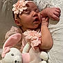 baby, sleeping, pink, headband, flower, stuffed_animal, bunny, toy, lace, fabric, soft, cute, infant, child, peaceful, sleep, bed, blanket, hand, portrait