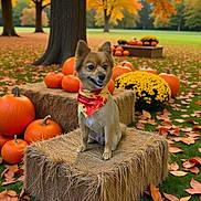 Fynn is registered to the contest to win money with this photo: dog, small_dog, bandana, autumn, fall, pumpkins, hay_bale, flowers, chrysanthemums, orange, yellow, leaves, tree, grass, outdoor, seasonal, nature, cute, pet, smiling