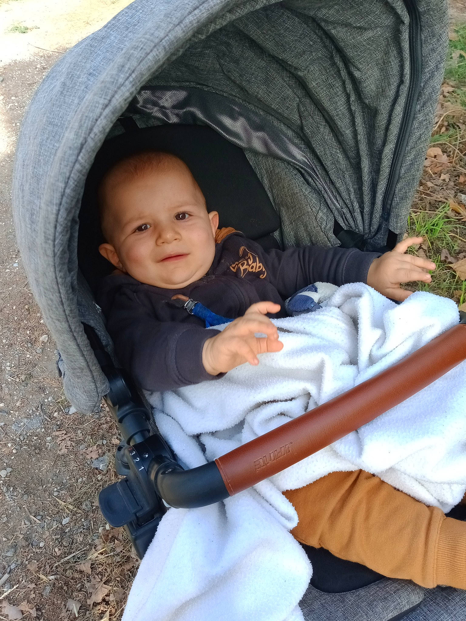 Maé participe au concours pour gagner de l'argent avec cette photo : baby, baby_carriage, baby_products, child, comfort, eye, face, facial_expression, grass, happy, joy, leaf, leisure, people, person, plant, product, sitting, skin, smile