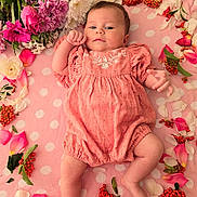 Melissa Ariana is registered to the contest to win money with this photo: baby, infant, pink_clothing, flower_arrangement, blanket, polka_dot, lying_down, skin, face, head, legs, hands, berries, petals, nature, soft_texture, cute, portrait, outdoor_style, peaceful