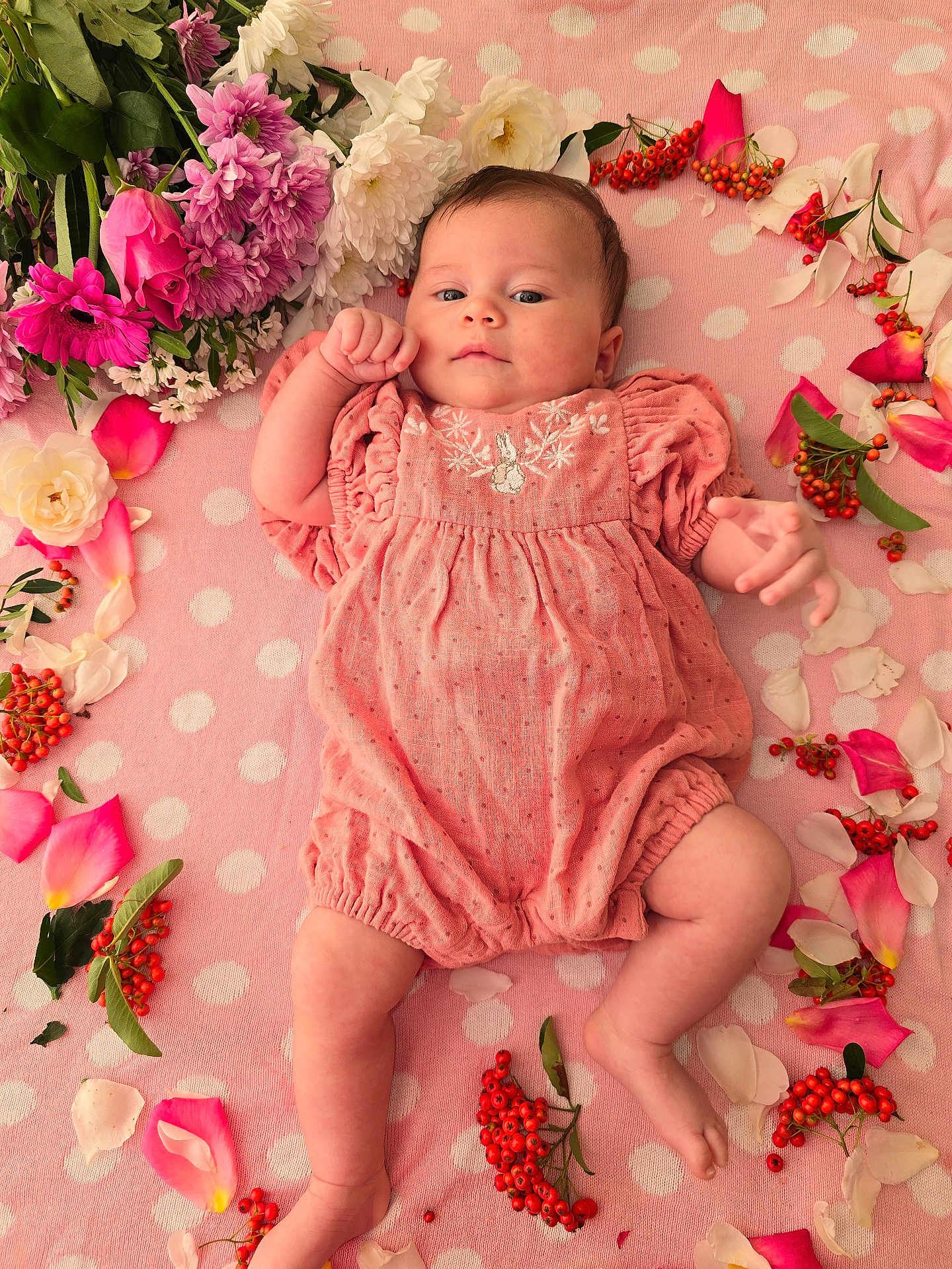 Melissa Ariana is registered to the contest to win money with this photo: baby, infant, pink_clothing, flower_arrangement, blanket, polka_dot, lying_down, skin, face, head, legs, hands, berries, petals, nature, soft_texture, cute, portrait, outdoor_style, peaceful