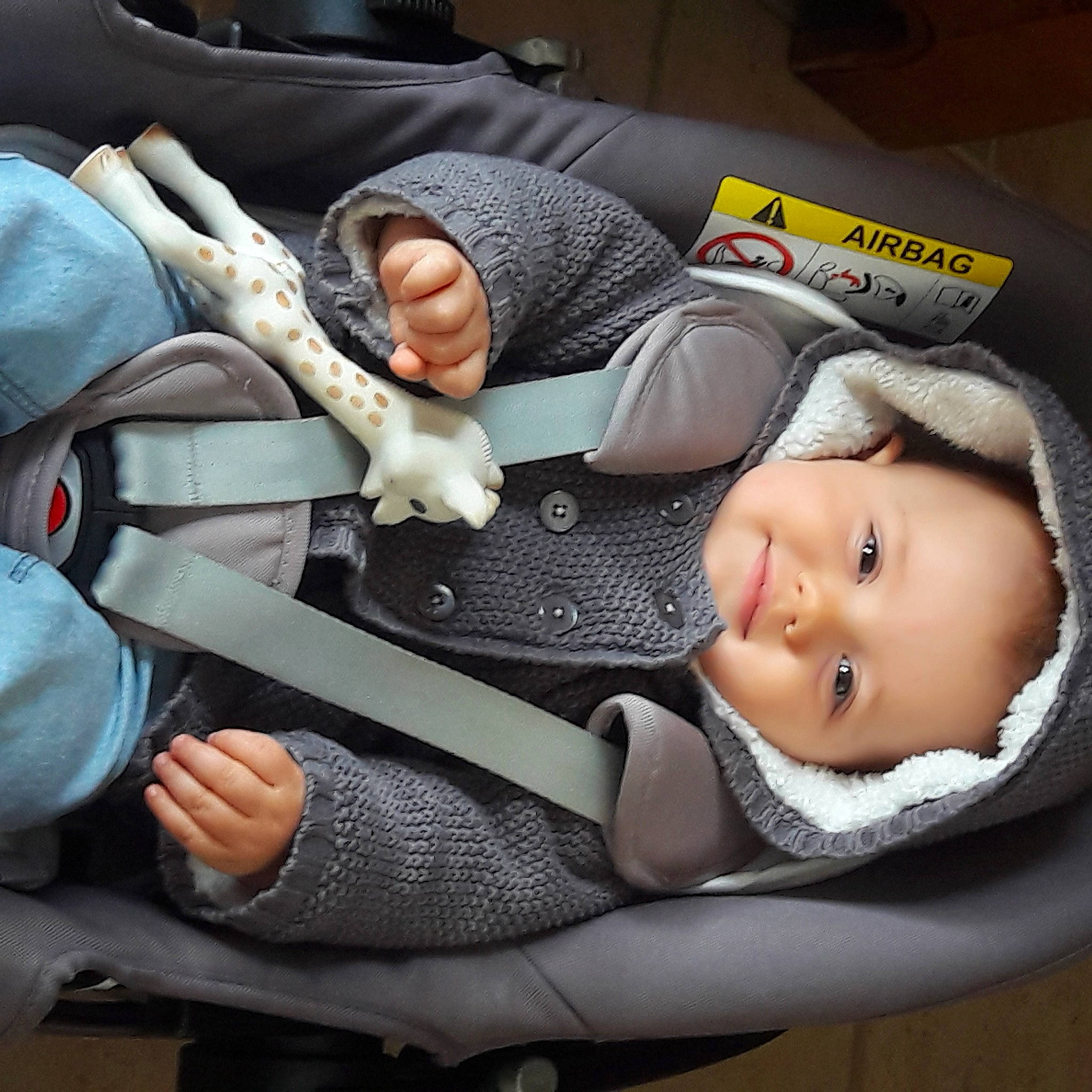 Aimée a rejoint le concours — aidez-le/la à gagner de superbes lots ! auto_part, baby, baby_carriage, baby_in_car_seat, baby_products, baby_safety, baby_toddler_clothing, car_seat, child, comfort, lap, linens, nap, person, sitting, smile, toddler, vehicle_door, vertebrate