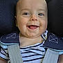 baby, child, car_seat, smiling, happy, infant, seatbelt, striped_clothing, drool, person, cute, young, safety, car, portrait, closeup, hands, face, casual, travel