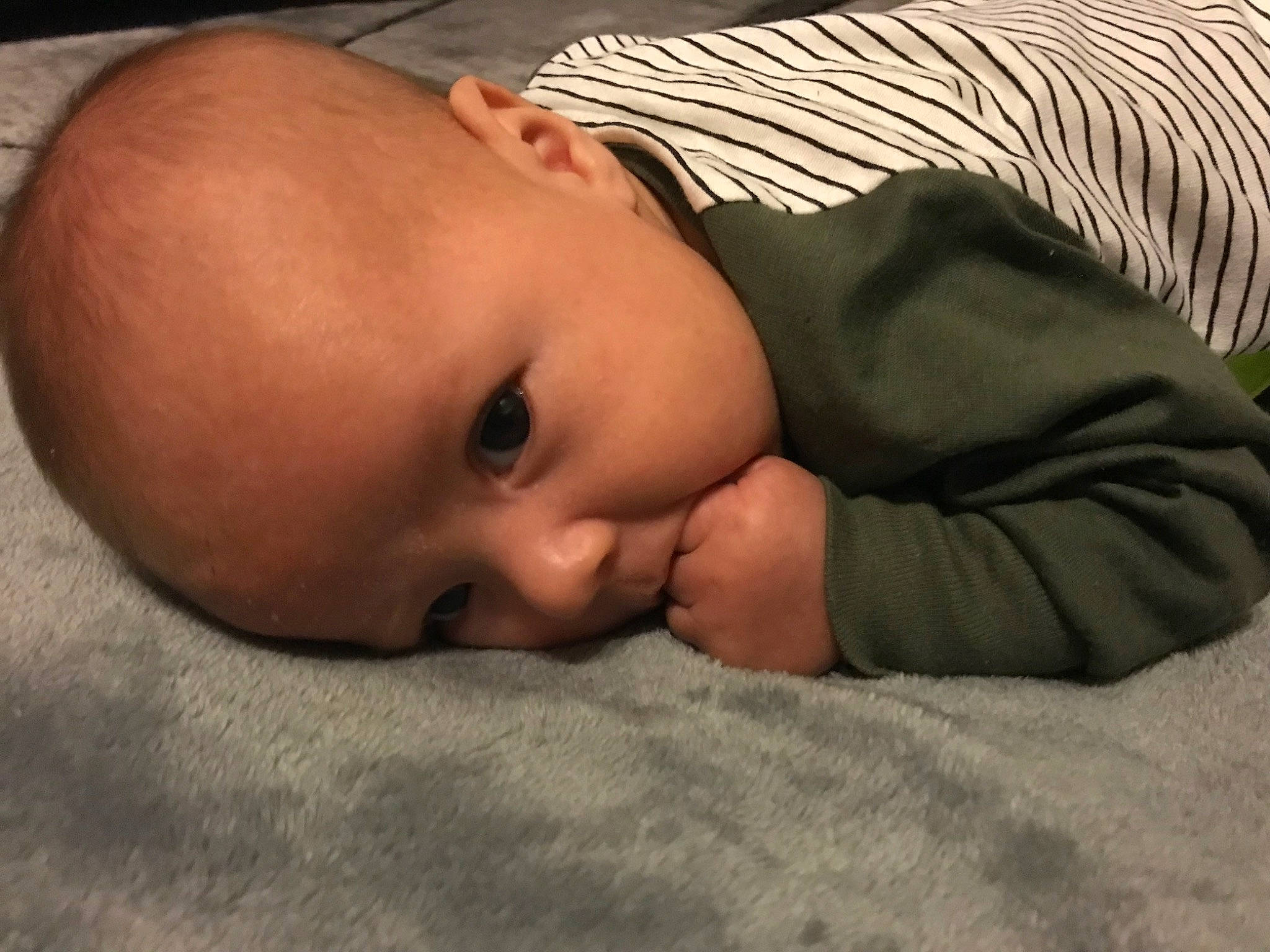 Harlan is registered to the contest to win money with this photo: baby, baby_toddler_clothing, cheek, child, chin, comfort, eyebrow, eyelash, facial_expression, flooring, forehead, grass, lip, mouth, neck, nose, person, skin, sleeve, toddler