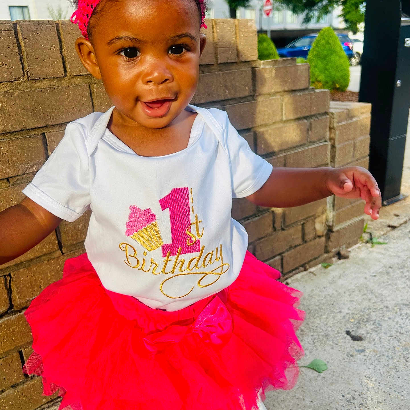 Dawn joined the competition — help win amazing prizes! child, toddler, birthday, pink_tutu, headband, happy, outdoor, brick_wall, sidewalk, white_shoes, smiling, cute, celebration, person, young_child, sunlight, fashion, playful, festive, one_year_old