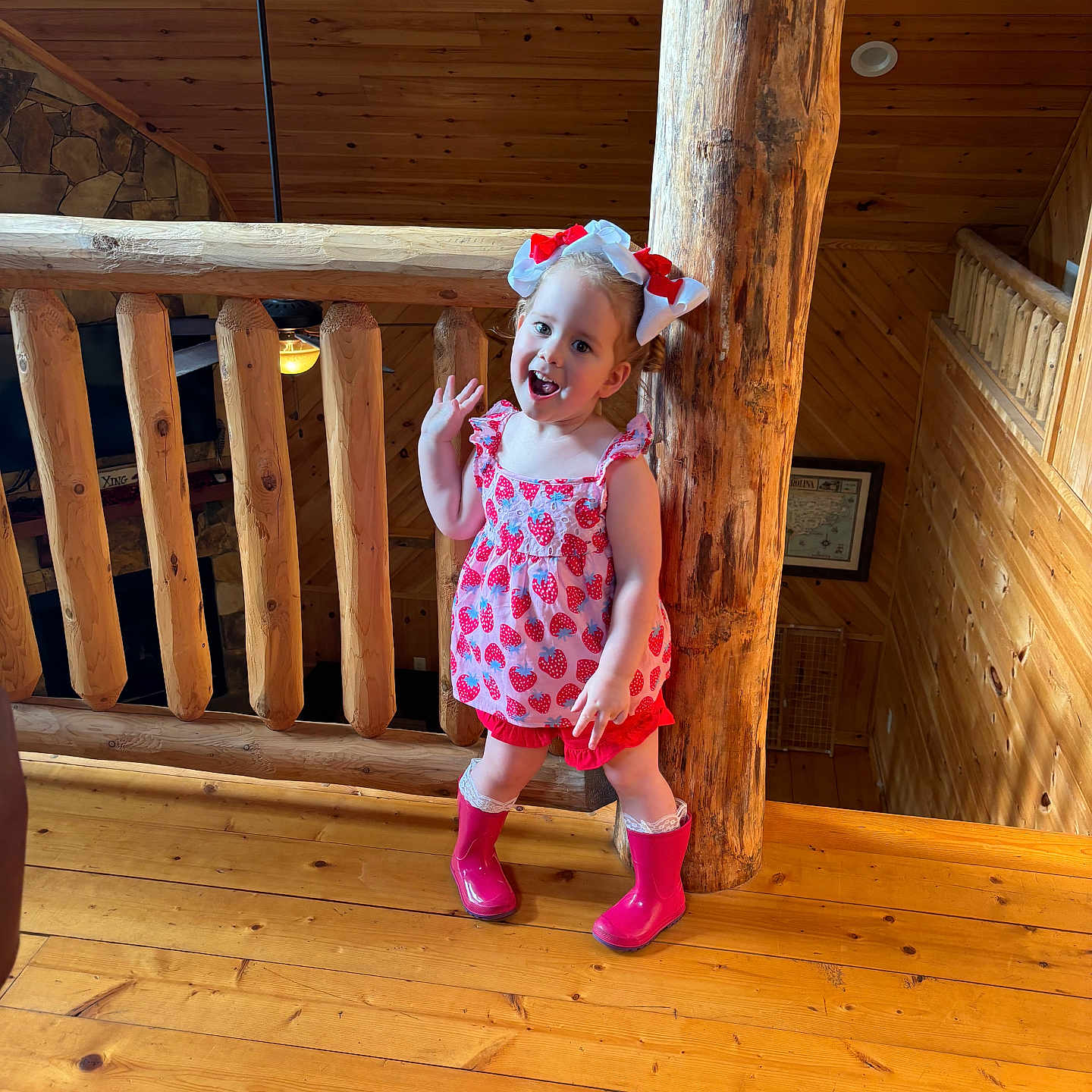 Brazlee is registered to the contest to win money with this photo: architecture, building, child, clothing, dress, face, female, footwear, girl, handrail, hardwood, hat, house, housing, indoors, interiordesign, person, plywood, shoe, wood