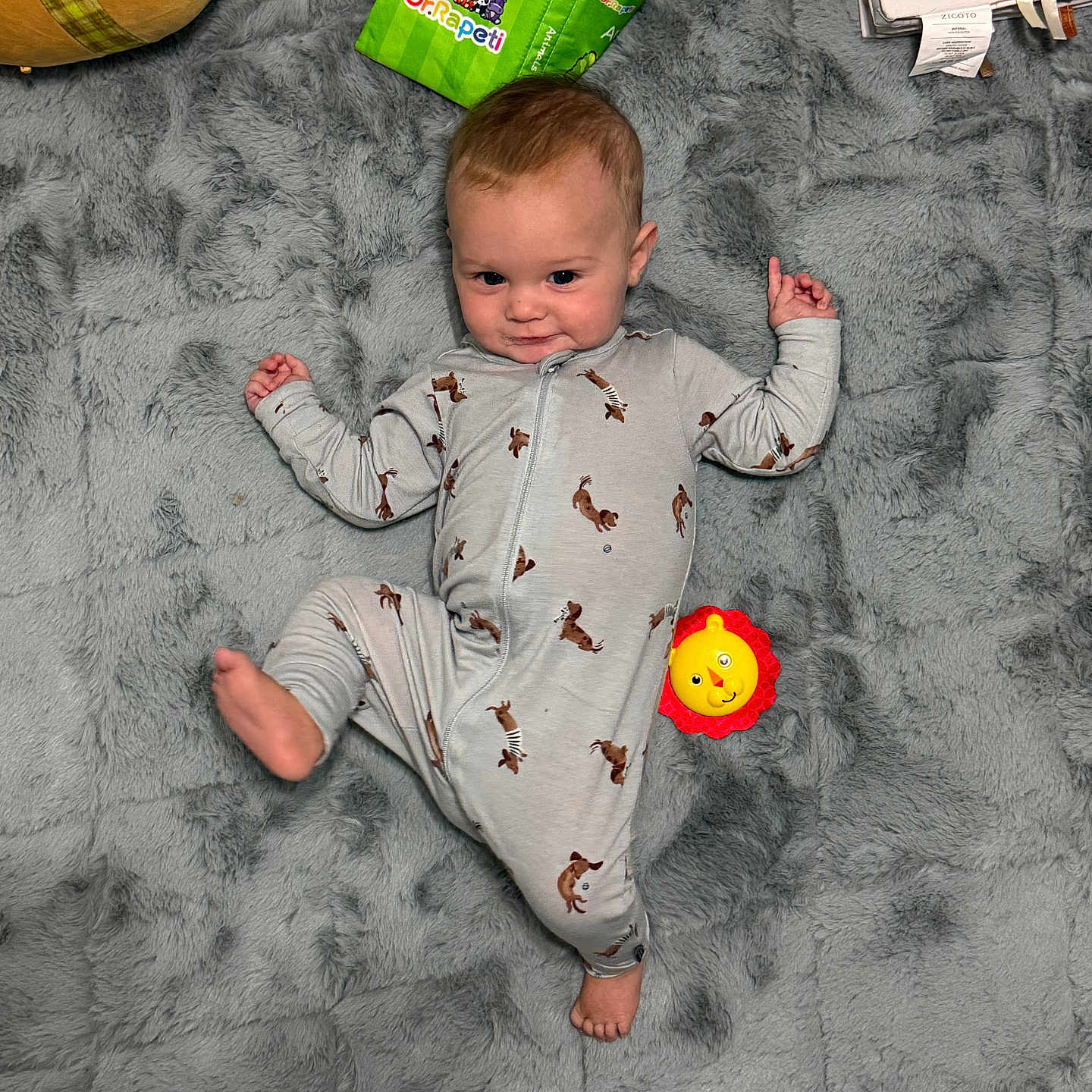 Carson joined the competition — help win amazing prizes! baby, baby_clothes, child, cute, face, foot, gray_blanket, green_book, hand, head, indoor, infant, kicking_leg, lying_down, onesie, playful, smiling, soft_toys, yellow_lion_toy, young