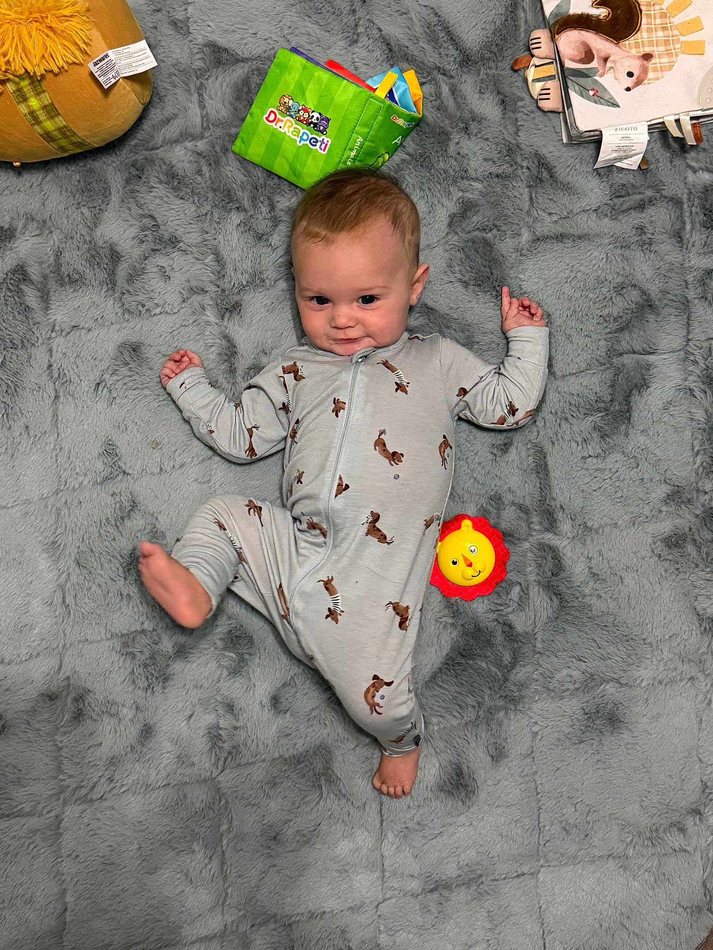 Carson joined the competition — help win amazing prizes! baby, infant, onesie, gray_blanket, soft_toys, yellow_lion_toy, green_book, playful, cute, smiling, lying_down, kicking_leg, baby_clothes, indoor, child, young, face, head, hand, foot
