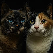Gandja Et Caline participe au concours pour gagner de l'argent avec cette photo : cats, two_cats, animal_portrait, close_up, feline, blue_eyes, yellow_eyes, calico_cat, dark_coat, whiskers, ears, fur, nose, pet, sitting, looking_at_camera, symmetrical, studio_lighting, dark_background, photography