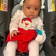 Nakyla Jones is registered to the contest to win money with this photo: adorable, baby, car_seat, child, curious, cute, face, holiday_outfit, indoor, infant, pacifier, person, pink_clothing, portrait, red_skirt, santa_clothing, seated, tights, white_bows, young_child