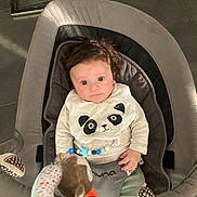 Lorenzo participe au concours pour gagner de l'argent avec cette photo : baby, baby_rocker, child, clothing, comfort, curly_hair, cute, expression, floor_tiles, home, indoor, infant, looking, panda_bib, person, playtime, plush_toy, seated, toy, young_child