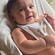 Fabian Rey joined the competition — help win amazing prizes! baby, child, smiling, face, arm, hand, cloth, bear_print, seat, cushion, white, indoor, window, natural_light, skin, closeup, cute, infant, happy, portrait