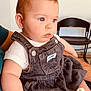 baby, child, denim, dress, overalls, white_shirt, person, indoor, arm, seated, curious, red_hair, skin, face, eyes, chair, blanket, human, cute, soft_lighting