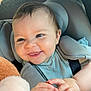 Aprile participe au concours pour gagner de l'argent avec cette photo : baby, smiling, car_seat, infant, happy, cute, child, hands, face, toy, soft_toy, clothing, seatbelt, indoor, portrait, closeup, cheerful, skin, head, expression