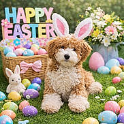 Betty Jane is registered to the contest to win money with this photo: basket, bunny_ears, costume, cute, decorations, dog, easter, easter_eggs, flowers, grass, holiday, outdoor, pastel_colors, pet, plush_toy, portrait, puppy, sign, sitting, spring