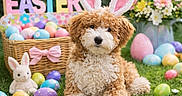 Betty Jane is registered to the contest to win money with this photo: basket, bunny_ears, costume, cute, decorations, dog, easter, easter_eggs, flowers, grass, holiday, outdoor, pastel_colors, pet, plush_toy, portrait, puppy, sign, sitting, spring