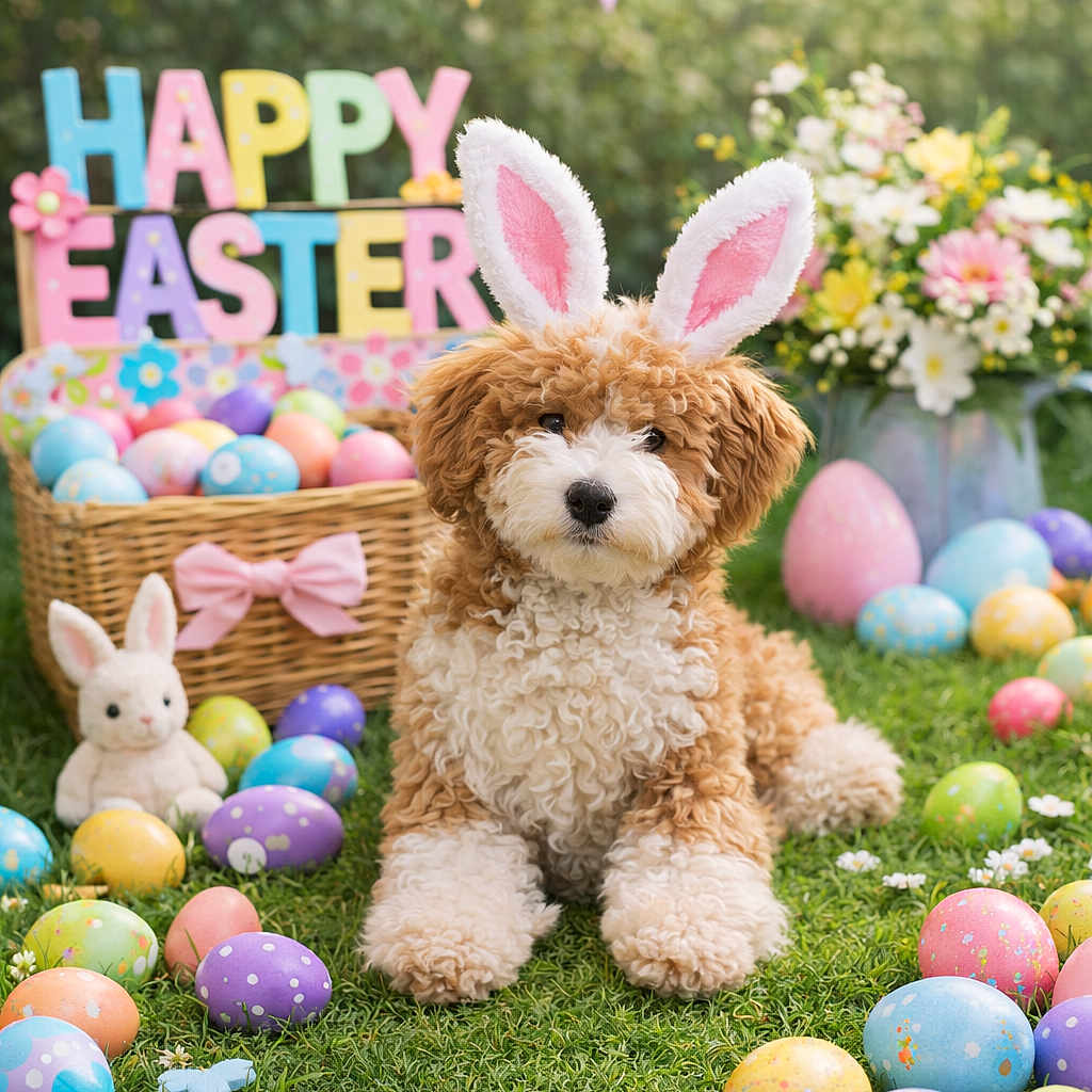 Betty Jane is registered to the contest to win money with this photo: basket, bunny_ears, costume, cute, decorations, dog, easter, easter_eggs, flowers, grass, holiday, outdoor, pastel_colors, pet, plush_toy, portrait, puppy, sign, sitting, spring