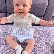 Finley joined the competition — help win amazing prizes! baby, child, sitting, blue_eyes, blonde_hair, white_socks, elephant_pattern, carpet, indoor, couch, cute, smiling, happy, infant, clothing, young_child, portrait, soft_lighting, home, playful