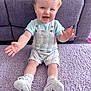 Finley joined the competition — help win amazing prizes! toddler, baby, child, smiling, sitting, carpet, couch, indoor, clothing, overalls, sneakers, hands, curly_hair, blue_eyes, cute, happy, person, young_child, floor, home