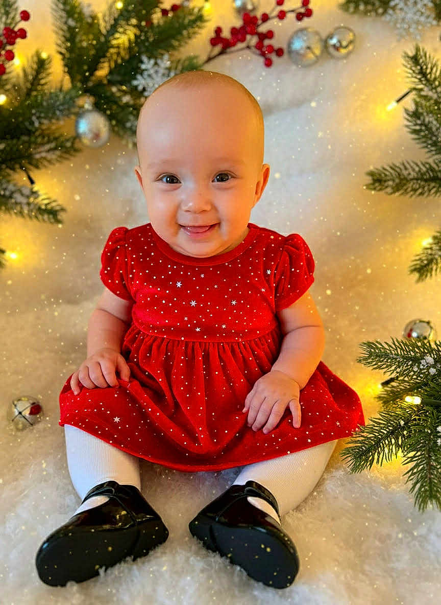 Ka'Lani Grace joined the competition — help win amazing prizes! baby, child, smiling, red_dress, white_tights, black_shoes, christmas, holiday_decorations, pine_branches, ornaments, lights, festive, indoor, portrait, cute, happy, seasonal, celebration, sitting, face