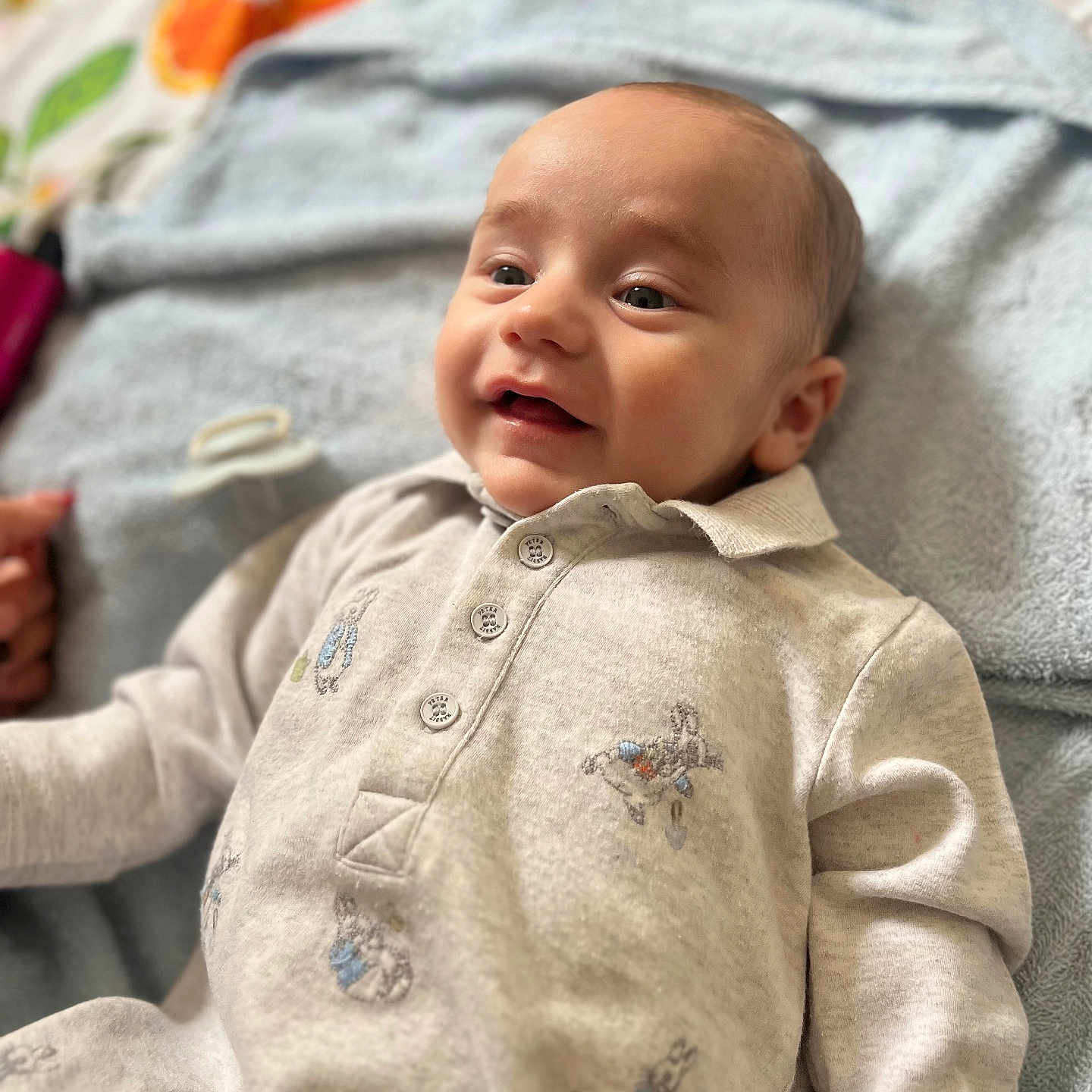Adonis Luke-John joined the competition — help win amazing prizes! baby, babylaughing, blanket, clothing, face, happy, head, newborn, pants, person, photography, portrait, quilt, smile