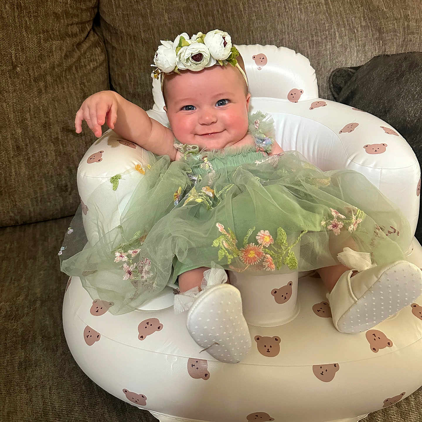 Lorelai joined the competition — help win amazing prizes! accessories, baby, clothing, couch, cushion, dress, face, flower, flowerarrangement, furniture, happy, hat, head, homedecor, jewelry, person, photography, plant, portrait, sitting