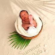 Josiah is registered to the contest to win money with this photo: newborn, baby, coconut_shell, blanket, sand, beach, palm_leaf, seashells, sleeping, infant, summer, portrait, closeup, cute, resting, natural_light, outdoor, holiday, tropical, cozy