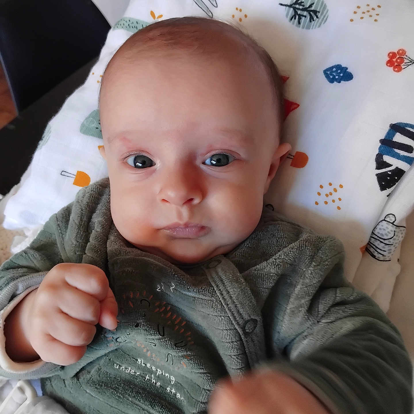 Pierric a rejoint le concours — aidez-le/la à gagner de superbes lots ! baby, blanket, child, closeup, cozy, cute, expression, face, fist, furniture, green_clothing, hands, indoor, infant, patterned_textile, person, pillow, portrait, soft, young