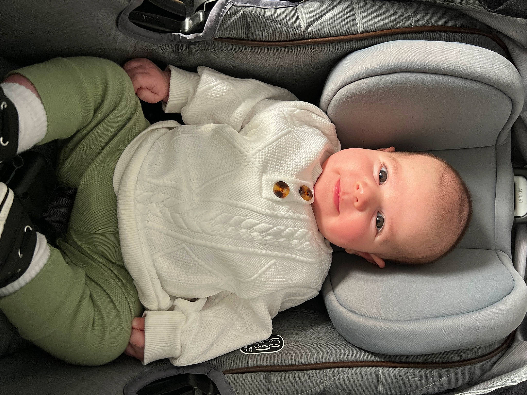 Colin is registered to the contest to win money with this photo: auto_part, automotive_design, baby, baby_carriage, baby_products, baby_toddler_clothing, car_seat, carmine, child, comfort, family_car, hat, luxury_vehicle, motor_vehicle, person, personal_luxury_car, personal_protective_equipment, sitting, smile, toddler