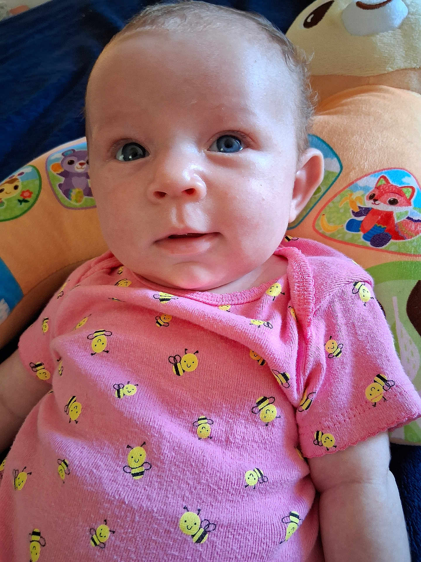 Bukley joined the competition — help win amazing prizes! baby, infant, child, pink_onesie, bee_pattern, blue_eyes, cushion, plush_toy, cute, portrait, indoor, closeup, smiling_bees, clothing, person, face, young_child, soft_toys, colorful, resting