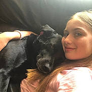 Xena Lynn joined the competition — help win amazing prizes! girl, dog, black_dog, smiling, couch, hugging, casual_clothing, bracelet, long_hair, indoor, pet, friendship, relaxed, portrait, face, young_person, comfort, animal, snuggling, natural_light