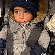 Efrain is registered to the contest to win money with this photo: baby, beanie, child, closeup, curious, expression, eyes, face, jacket, mittens, outdoor_gear, person, portrait, seatbelt, straps, stroller, toddler, warm_clothing, winter_clothing, zipper