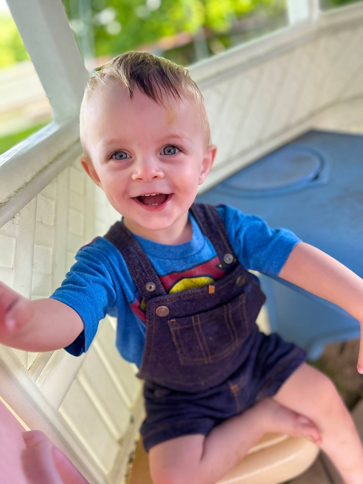 Nolan joined the competition — help win amazing prizes! baby, baby_toddler_clothing, blond, child, electric_blue, eye, face, facial_expression, fun, grass, happy, joint, joy, leisure, person, sitting, skin, sleeve, smile, t_shirt