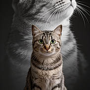 Leya a rejoint le concours — aidez-le/la à gagner de superbes lots ! cat, tabby_cat, kitten, animal, pet, sitting, portrait, studio, black_and_white, gray, striped_fur, green_eyes, whiskers, ears, paws, dramatic_lighting, dark_background, digital_art, composite_image, capcut_watermark