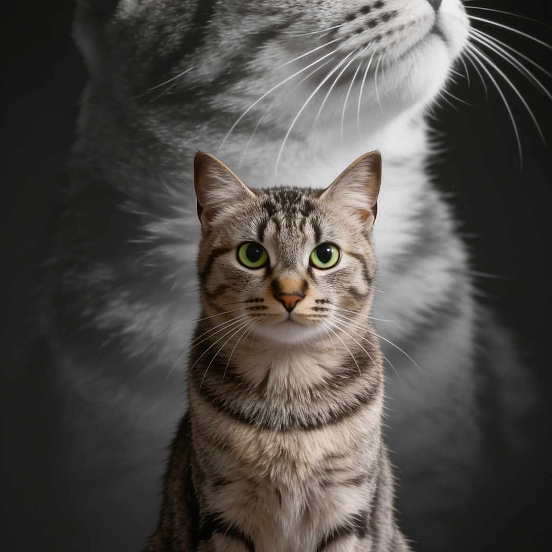 Leya a rejoint le concours — aidez-le/la à gagner de superbes lots ! cat, tabby_cat, kitten, animal, pet, sitting, portrait, studio, black_and_white, gray, striped_fur, green_eyes, whiskers, ears, paws, dramatic_lighting, dark_background, digital_art, composite_image, capcut_watermark