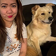 Zeus joined the competition — help win amazing prizes! woman, dog, indoor, couch, fluffy_dog, casual_clothing, smile, long_hair, pet, sitting, light_hair, portrait, relaxed, animal, friendship, companion, comfort, home, cute, furniture