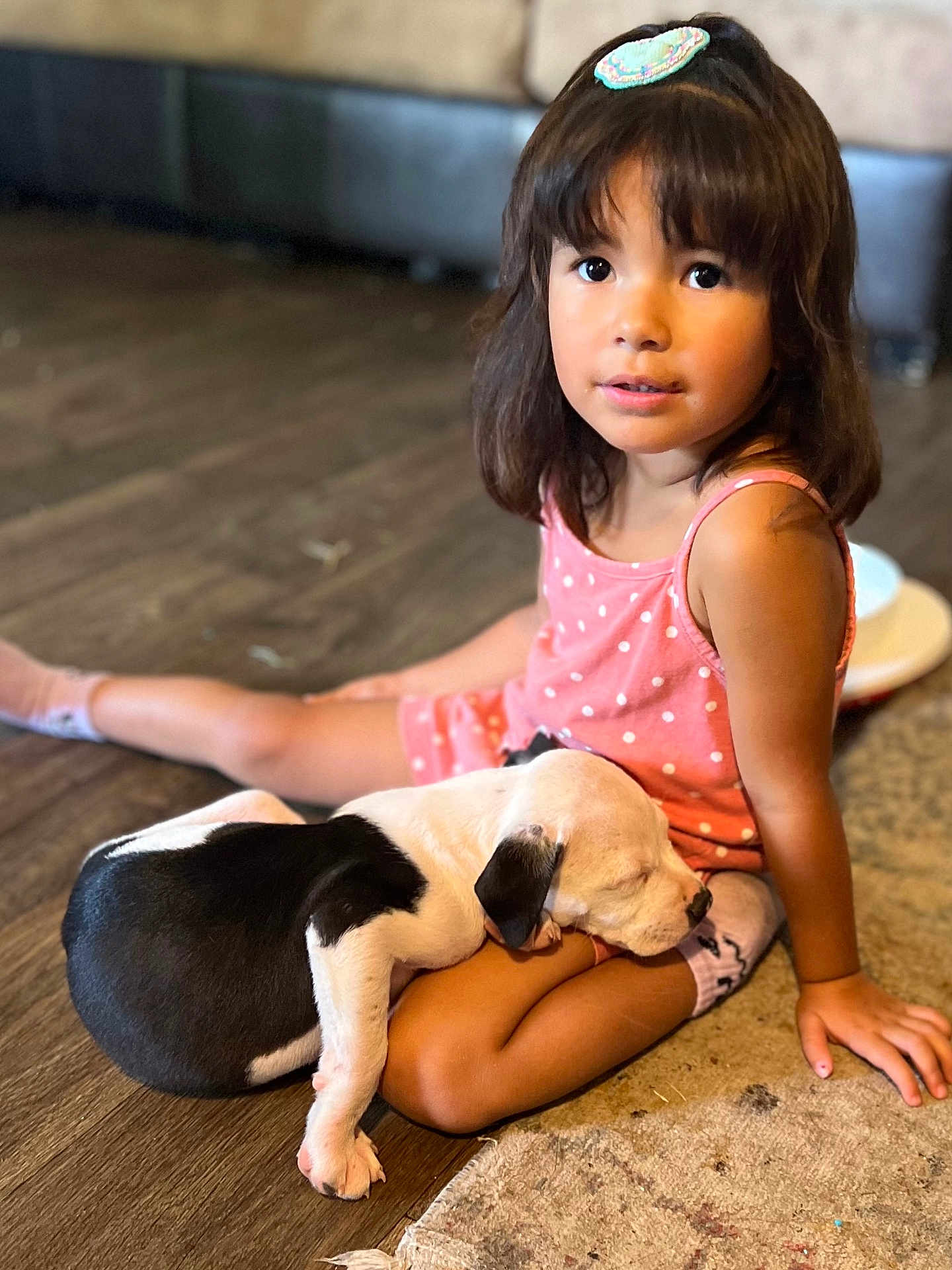 Malia joined the competition — help win amazing prizes! child, girl, puppy, dog, pet, sleeping, floor, pink_clothing, polka_dot, cute, indoor, home, young_child, animal, resting, human, portrait, candid, comfort, companionship