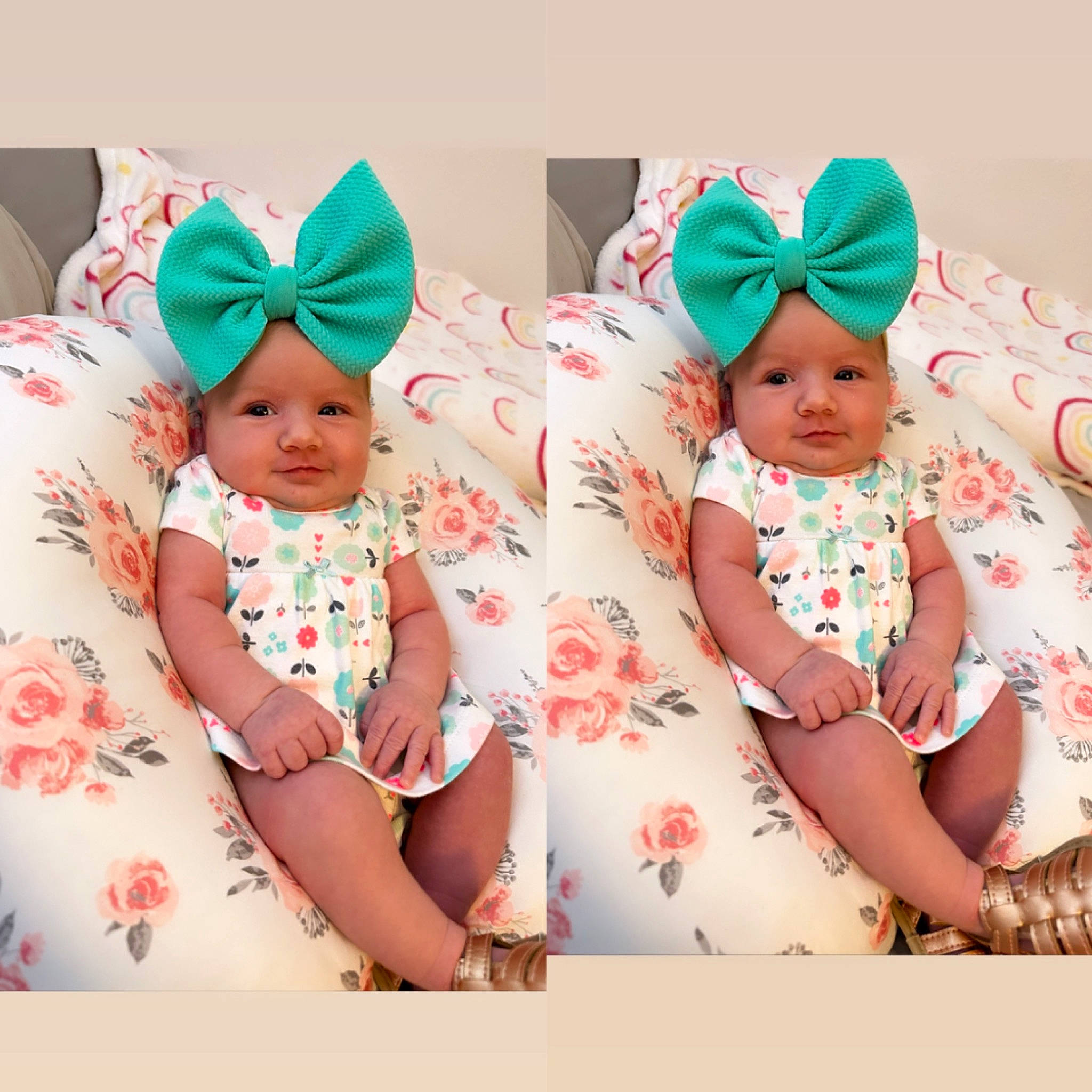 Nevaeh is registered to the contest to win money with this photo: arm, baby, baby_products, baby_toddler_clothing, cap, child, comfort, dress, fashion_accessory, happy, headband, headwear, linens, magenta, pattern, peach, person, pink, sitting, sleeve