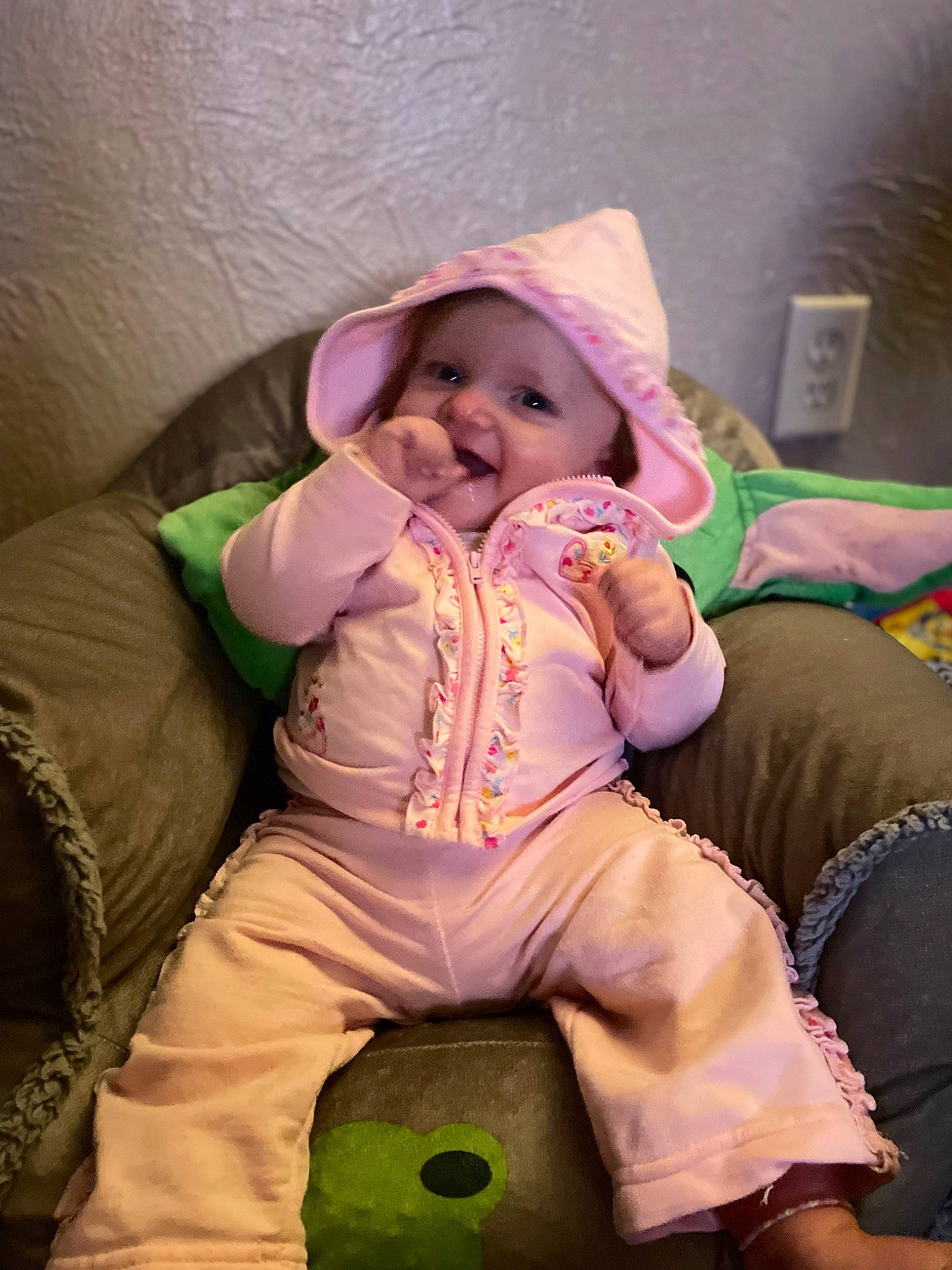 Azalea joined the competition — help win amazing prizes! baby, baby_toddler_clothing, cheek, child, comfort, couch, eye, fun, grass, happy, headwear, linens, magenta, mouth, person, pink, purple, room, sitting, skin