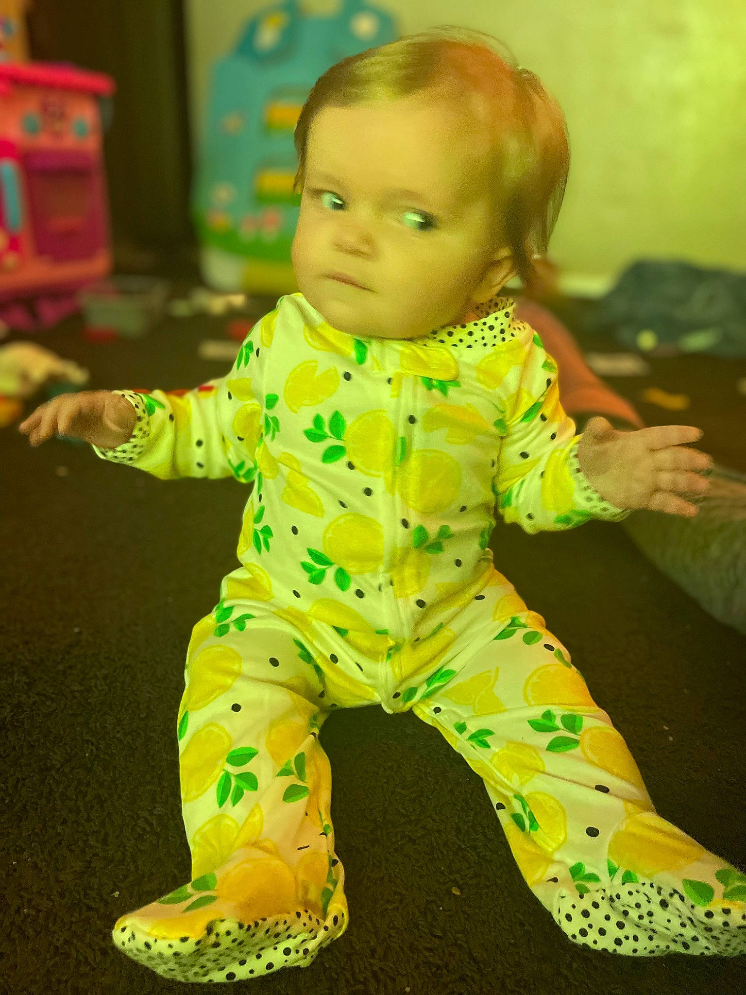 Azalea joined the competition — help win amazing prizes! baby, baby_toddler_clothing, barefoot, cheek, child, flooring, fun, happy, nightwear, pajamas, pattern, person, play, room, sitting, skin, sleeve, sportswear, t_shirt, toddler