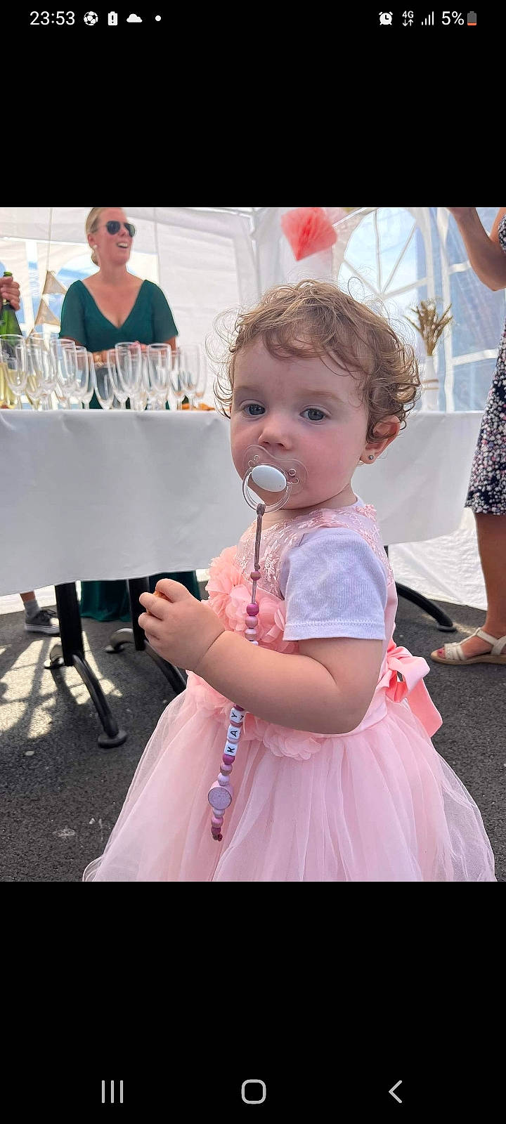Kayliah participe au concours pour gagner de l'argent avec cette photo : baby, child, dress, event, formal_wear, fun, gesture, gown, happy, interaction, jewellery, party, person, pink, recreation, snapshot, standing, sunglasses, t_shirt, toddler