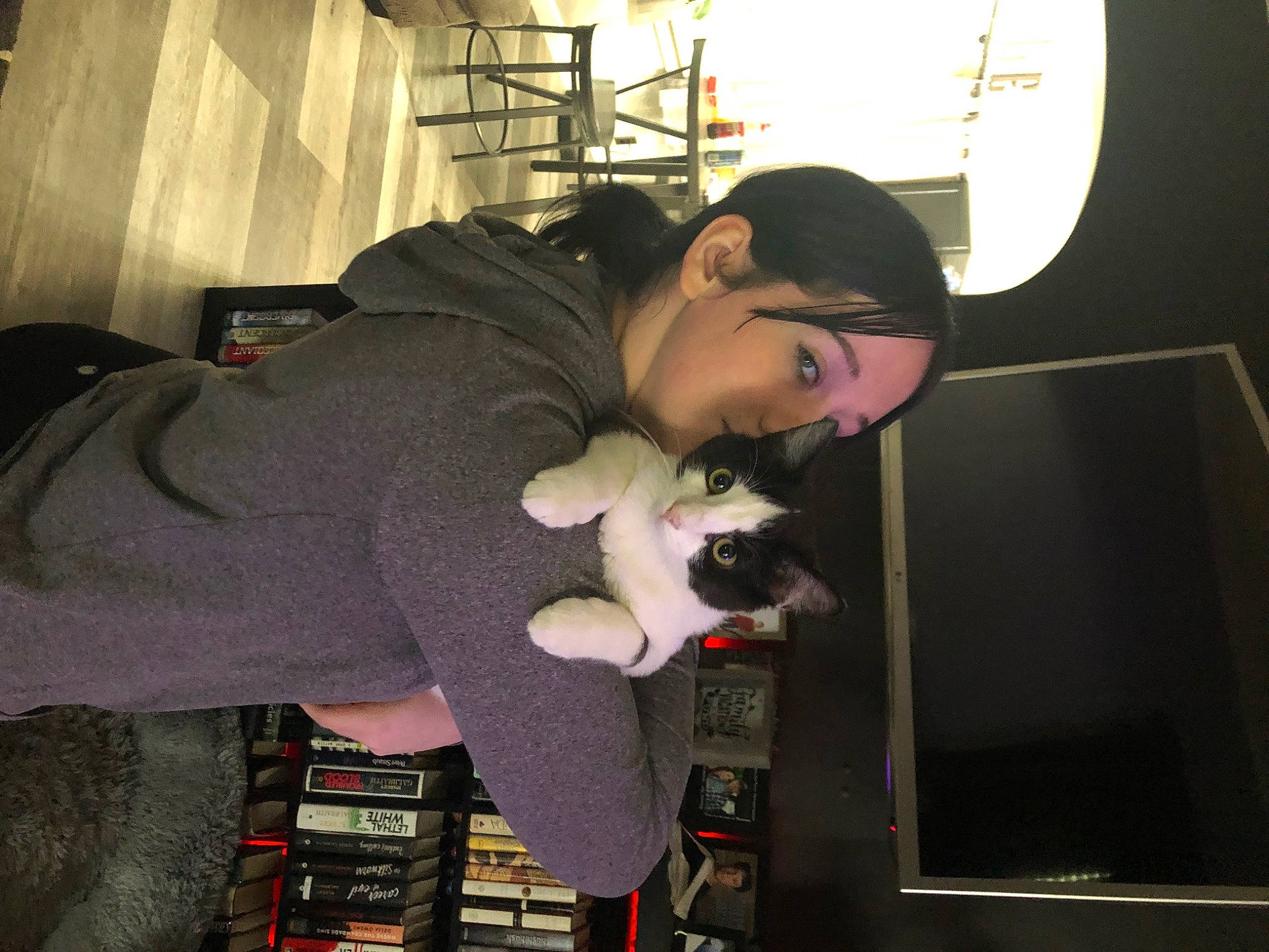 Samara joined the competition — help win amazing prizes! audio_equipment, black_hair, comfort, companion_dog, costume, dog_breed, elbow, felidae, flooring, fun, fur, human_leg, lap, room, shoulder, sporting_group, tail, thigh