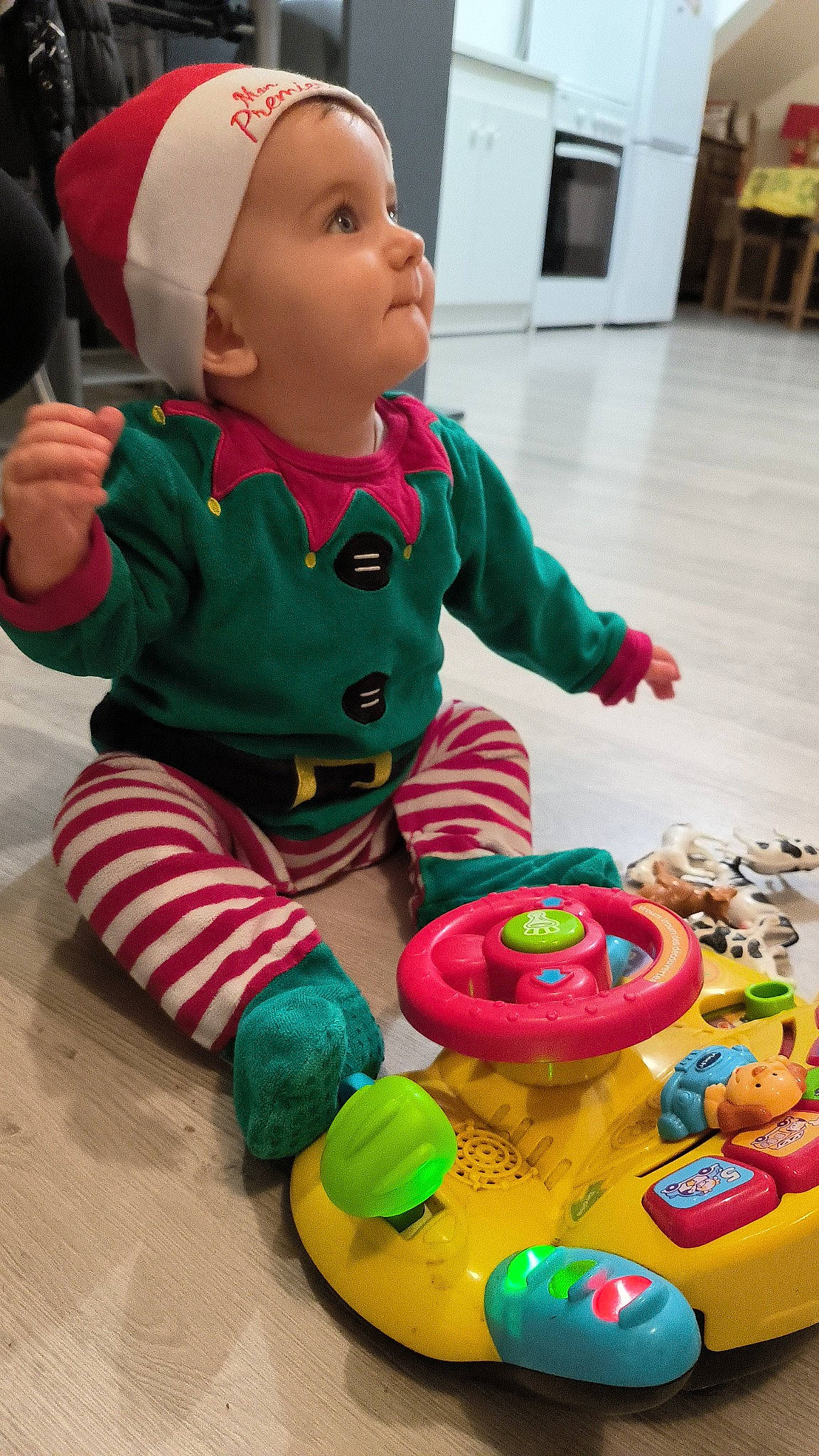 Jules participe au concours pour gagner de l'argent avec cette photo : baby, baby_playing_with_toys, baby_toddler_clothing, baby_toys, cabinetry, child, event, flooring, fun, green, headwear, holiday, leisure, person, plastic, play, recreation, room, sitting, toddler