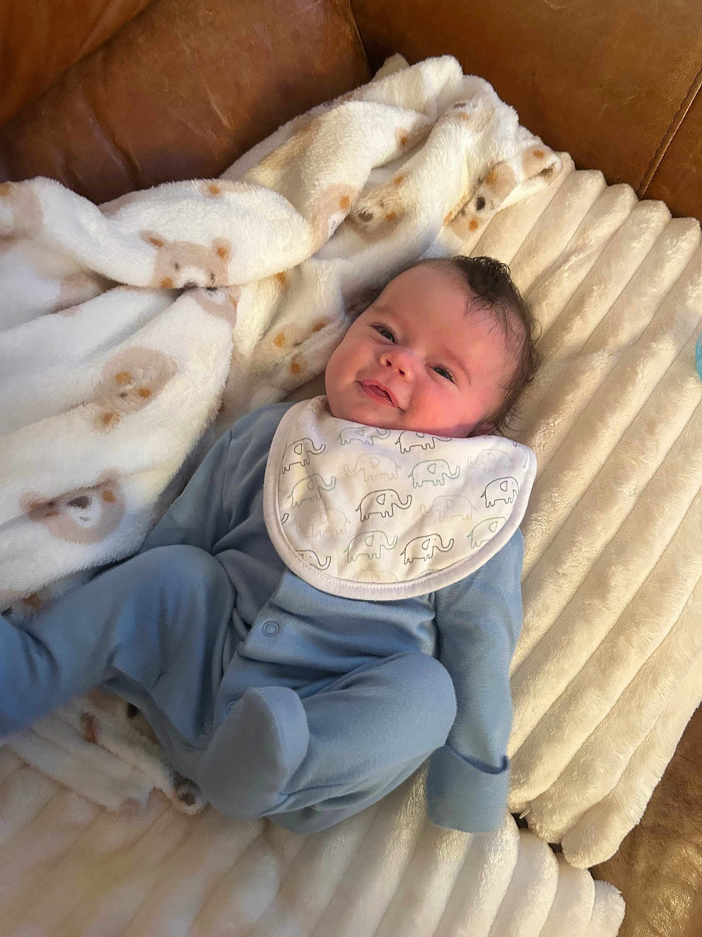 Billy is registered to the contest to win money with this photo: baby, infant, smile, blue_onesie, bib, elephant_pattern, blanket, bear_pattern, plush_blanket, couch, soft_texture, face, happy, lying_down, cute, child, indoors, cozy, warm, person