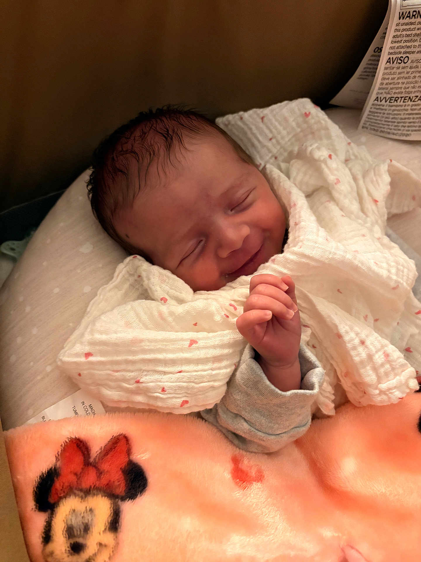 Paisley joined the competition — help win amazing prizes! newborn, baby, smile, blanket, mickey_mouse, minnie_mouse, soft_toy, infant, sleeping, cute, wrapped, cozy, child, face, hand, clothing, resting, indoors, warm, comfort