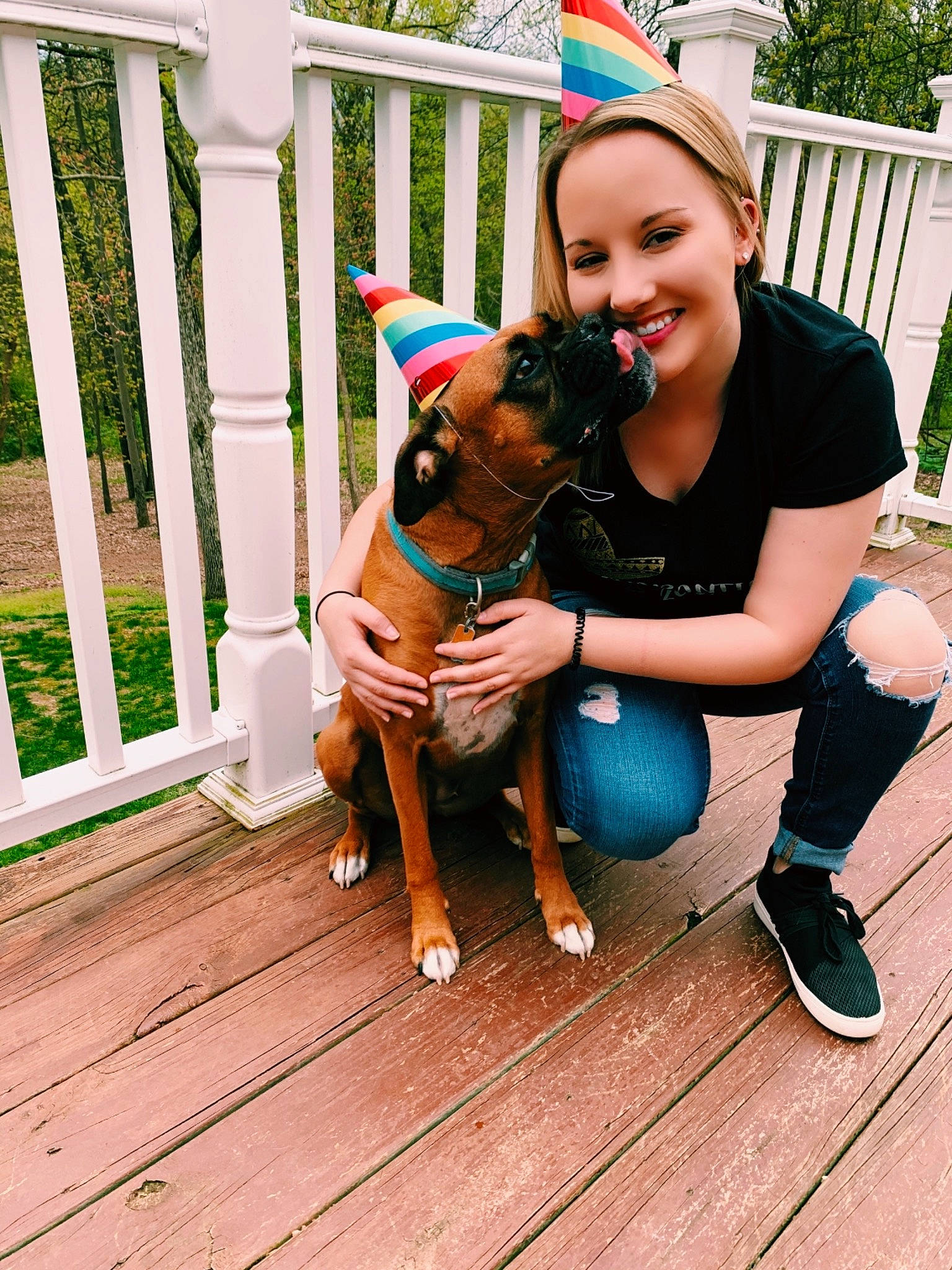 Stella joined the competition — help win amazing prizes! canidae, carnivore, companion_dog, dog, dog_breed, fawn, fence, fun, grass, happy, hardwood, leg, leisure, shoe, smile, snapshot, sporting_group, thigh, wood, working_animal