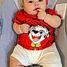 Hansel is registered to the contest to win money with this photo: baby, infant, child, portrait, sitting, red_shirt, cartoon_dog, white_shorts, smiling, finger_in_mouth, cushioned_seat, indoor, nursery, baby_gear, playful, front_facing, relaxed, colorful_clothing, short_hair, photograph