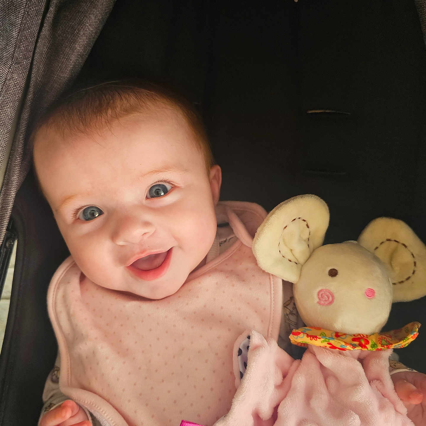 Brooklyn joined the competition — help win amazing prizes! baby, blue_eyes, child, clothing, comfort, cozy, cute, face, hand, happy, head, infant, mouse_toy, pink_bib, plush_toy, portrait, smiling, soft_texture, stroller, toy